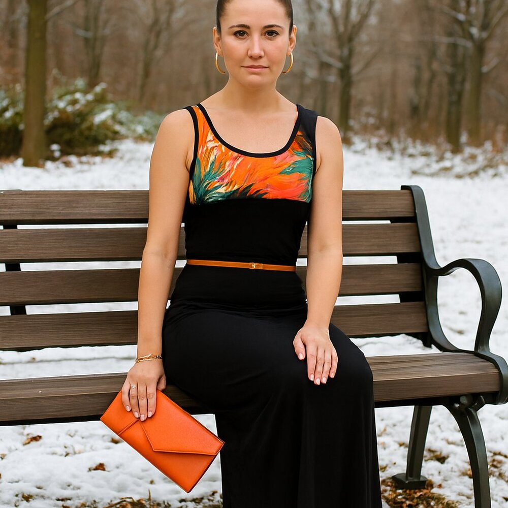 Black, multi colored maxi dress